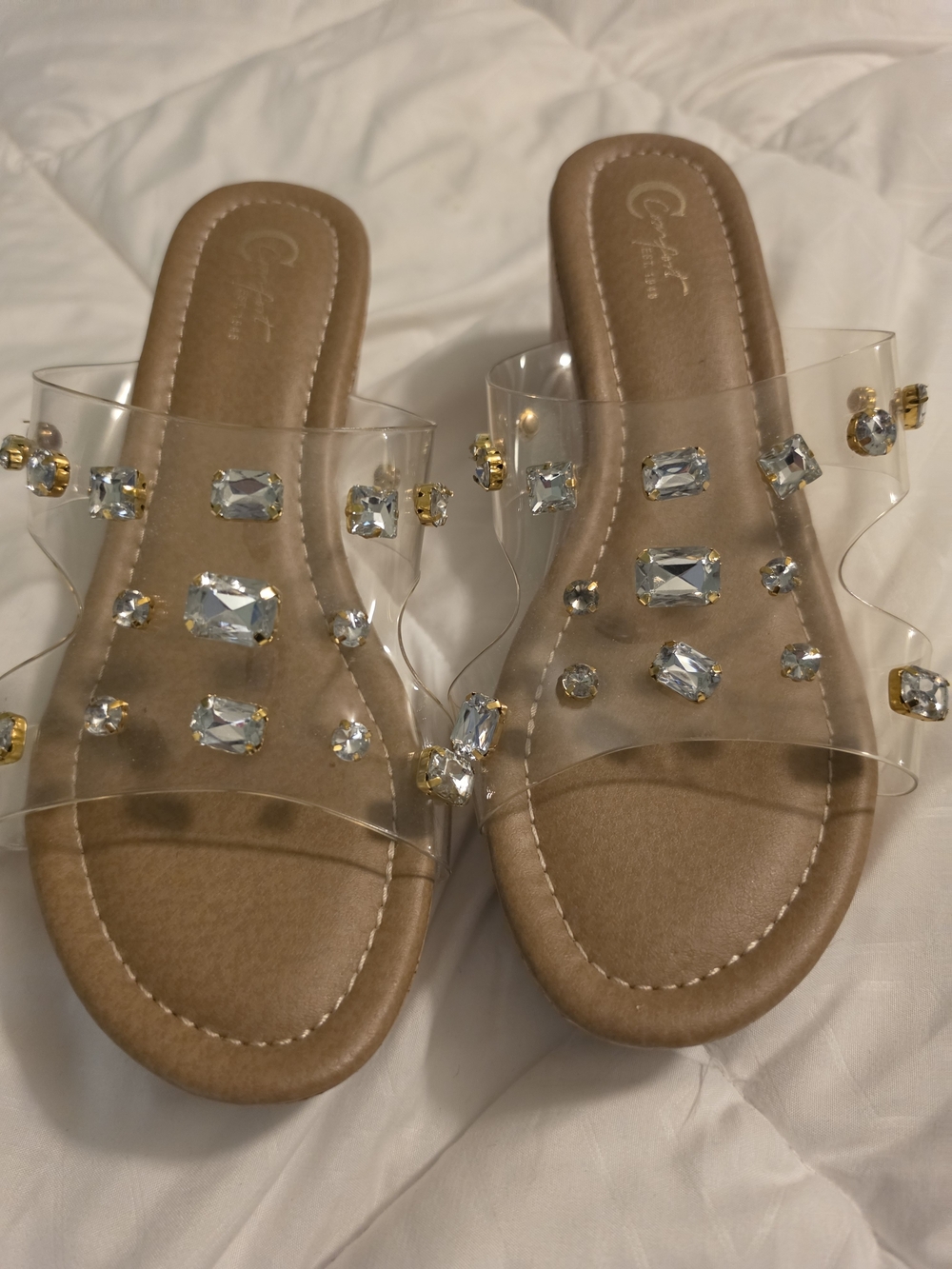 C. Wonder Clear Jewel-Embellished Slide Sandals - Tan Footbed